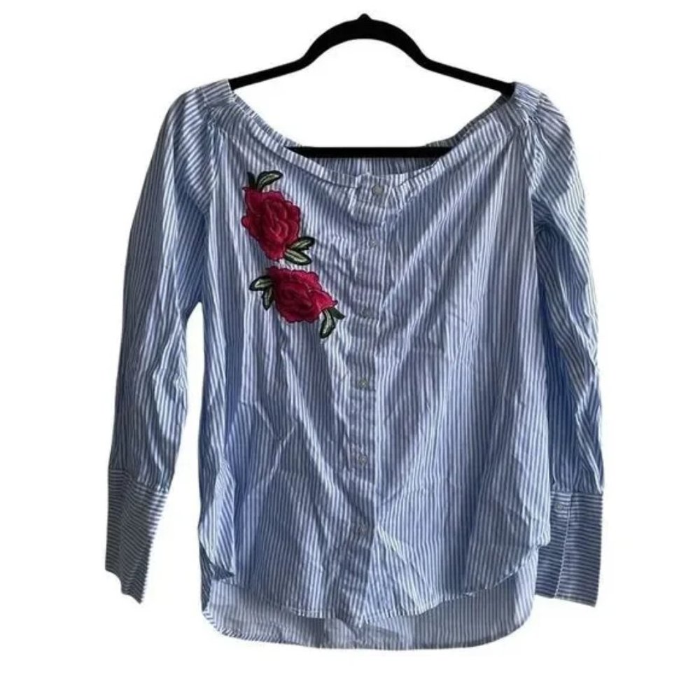 JAPNA Striped Off Shoulder Long Sleeve Blouse Embroidered Flowers Blue White S